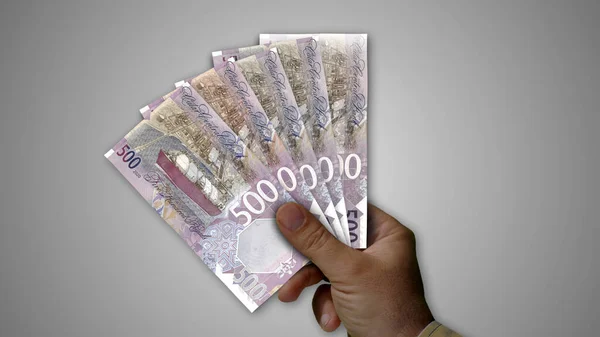 手の3Dイラストでお金のカタールRiyal山 Qar銀行券の背景金融 経済危機 インフレ ビジネスの概念 — ストック写真