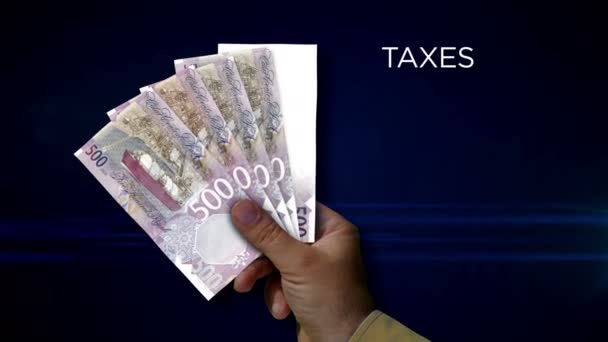 Katar Riyal Kâğıdı Tutuyor Qar Banknotlarının Hayranı Gelir Kaybı Yaşam — Stok video