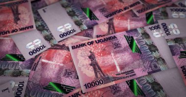 Uganda şilinlik para baskı 3D illüstrasyon. UGX banknotları finans, ekonomi krizi, enflasyon ve iş dünyasının arka plan kavramını basıyor.