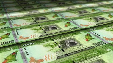 Sri Lanka Rupi kağıt para baskı 3D illüstrasyon. LKR banknotları finans, ekonomi krizi, enflasyon ve iş dünyası kavramının basımı.