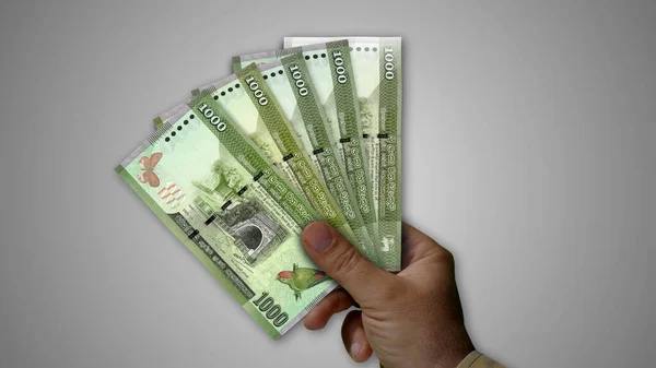 手の3Dイラストでお金のスリランカルピー杭 Lkr銀行券の背景金融 経済危機 インフレ ビジネスの概念 — ストック写真