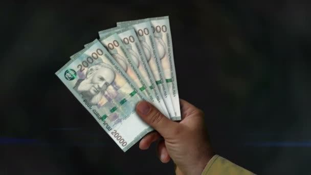 Armenien Dram Pengar Innehav Fan Sedlar Handen Amd Papperspengar Begreppet — Stockvideo
