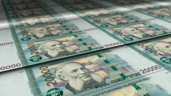 Para dolu Ermenistan Dram tablosu 3D çizim. AMD banknotları finans, ekonomi krizi, enflasyon ve işletme arka plan kavramı.