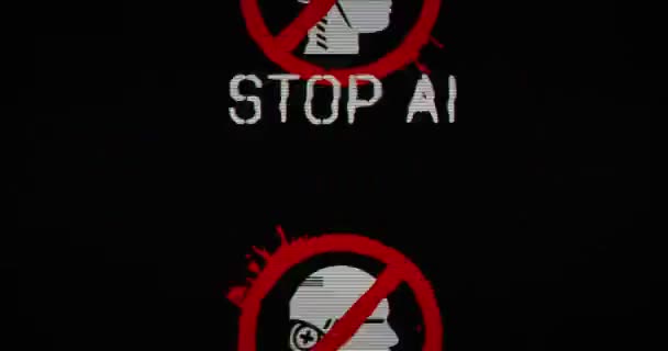 停止具有扭曲和故障效果的Ai符号无缝和漏洞3D渲染 禁止和禁止人工智能抽象概念 旧式电视背景图 — 图库视频影像
