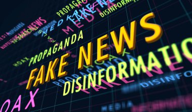 Sahte haber kinetik metin soyut kavram arka planı. Propaganda aldatmacası ve yanlış kelime tipografisi 3D illüstrasyon.