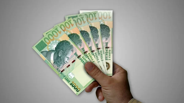 アルバニア手の3Dイラストでお金のLekの山 経済危機 インフレ ビジネスのすべての銀行券の背景概念 — ストック写真