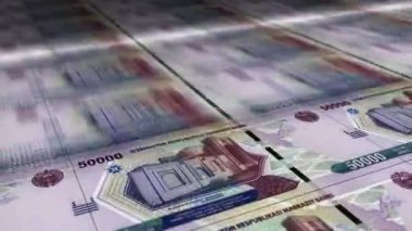 Özbekistan Sum para kağıdı baskısı. UZS banknotları döngü baskısı. Kusursuz ve döngülü finans kavramı, ekonomi krizi, enflasyon ve iş dünyası.
