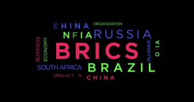 BRICS kinetik metin soyut kavram döngüsü canlandırıldı. Brezilya Rusya Hindistan Çin Güney Afrika kelime tipografi kusursuz döngülü 3d animasyon.   