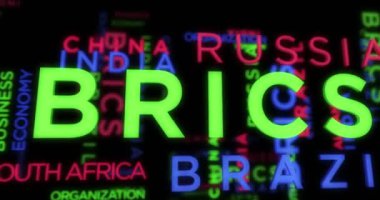 BRICS kinetik metin soyut kavram döngüsü canlandırıldı. Brezilya Rusya Hindistan Çin Güney Afrika kelime tipografi kusursuz döngülü 3d animasyon.   