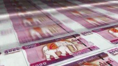 Myanmar Kyat 'ın para kağıdı baskısı. MMK banknotları döngü baskısı. Kusursuz ve döngülü finans kavramı, ekonomi krizi, enflasyon ve iş dünyası.