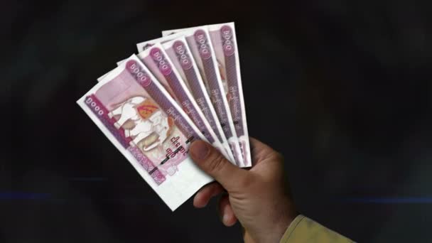 Myanmar Kyat Geld Vasthouden Fan Van Bankbiljetten Hand Mmk Papiergeld — Stockvideo