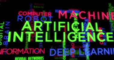 Yapay zeka kinetik metin soyut kavram döngüsü canlandırıldı. Derin makine öğrenme ve sinirsel ağlar teknoloji kelime tipografisi kusursuz 3d döngü animasyonu.