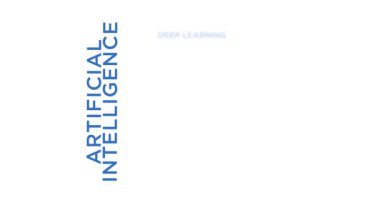 Yapay zeka kinetik metin soyut kavram canlandırıldı. Derin makine öğrenme ve sinirsel ağlar teknoloji tipografi 3d kelimeler bulut animasyonu.