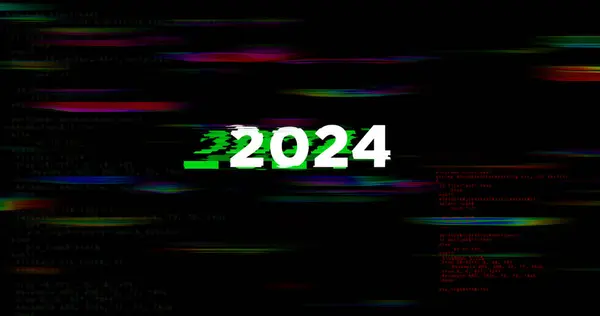 2024年のシンボル 歪みのあるグリッチエフェクト3Dイラスト抽象コンセプト ノイズされたレトロテレビスタイルの背景 — ストック写真