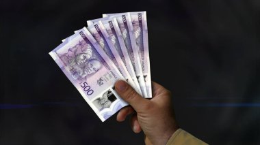 Jamaika Doları tomarla para elinde. JMD finans, ekonomi krizi, enflasyon ve iş dünyası kavramını destekliyor.