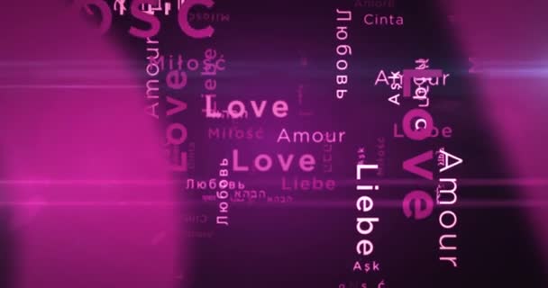 爱动感文字抽象的概念循环动画 不同语言中的浪漫爱情词排字无缝循环3D动画 — 图库视频影像