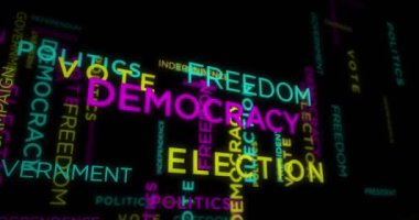 Demokrasi ve özgürlük kinetik metin soyut kavram döngüsü canlandırıldı. Hükümet ve siyaset kelime tipografi 3D animasyon.