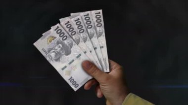 Kırgızistan 'da para tutuluyor. Eldeki banknotların hayranıyım. Kırgız KGS kağıt para. Gelir, başarı, iş, vergi, ekonomi ve finans kavramı.