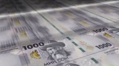 Kırgızistan 'da para tutuluyor. Eldeki banknotların hayranıyım. Kırgız KGS kağıt para. Gelir, başarı, iş, vergi, ekonomi ve finans kavramı.