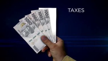 Kırgızistan 'da para tutuluyor. Eldeki banknotların hayranıyım. Kırgız KGS kağıt para. Gelir, başarı, iş, vergi, ekonomi ve finans kavramı.