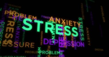 Stres ve anksiyete kinetik metin soyut kavram döngüsü canlandırıldı. Basınç ve depresyon kelime tipografisi kusursuz döngülü 3D animasyon.