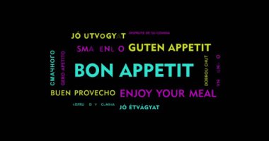 Enjoy your meal kinetic text abstract concept loop animated. Bon appetit in different languages word typography seamless looping 3d animation.