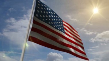 ABD 'nin mavi gökyüzü arka plan döngüsü üzerinde bayrak sallaması. Rüzgarda dalgalanan Amerikan bayrağı pürüzsüz ve döngülü animasyon.