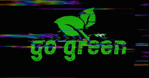 Yeşil ekoloji sembolü, çarpıtılmış ve 3 boyutlu çizim hatası. Çevre dostu soyut kavram ol. Gürültülü retro TV tarzı arkaplan.