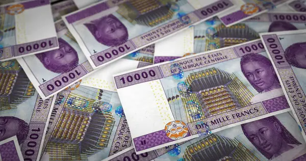 Orta Afrika CFA Frangı para Kamerun Çad Kongo Gabon para baskı 3d illüstrasyon sayfası. XAF banknotları finans, ekonomi krizi, enflasyon ve iş dünyası kavramının basımı.