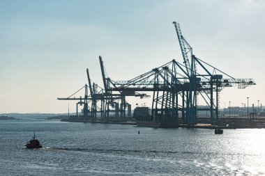 Göteborg, İsveç - 24 Haziran 2021: Skandiahamnen 'de konteyner vinçleri.