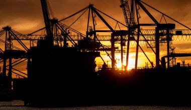Gün batımında konteynır vinçleri ve konteyner gemisinin silueti.