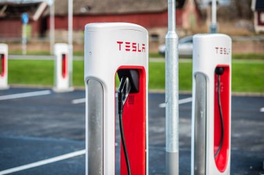 Gothenburg, Sweden - december 03 2022: Recently installed Tesla superchargers ready for use.