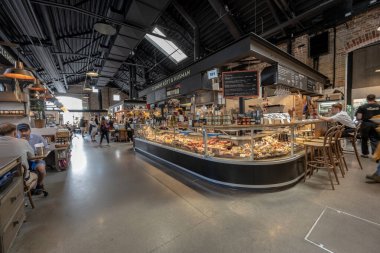 Malmo, Sweden - July 09 2022: Interior of shops at Malm Saluhall.