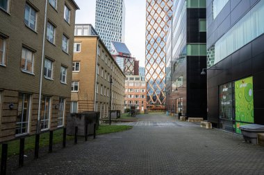 Gothenburg, Sweden - november 13 2022: Looking down a small street between office high rise buildings.
