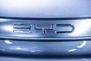 Gothenburg, Sweden - december 03 2022: BYD Build Your Dreams logo on the front of an electric car.