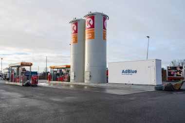 Gothenburg, Sweden - January 03 2023: Large truck diesel tanks and AdBlue-pump at a Circle K gas station.