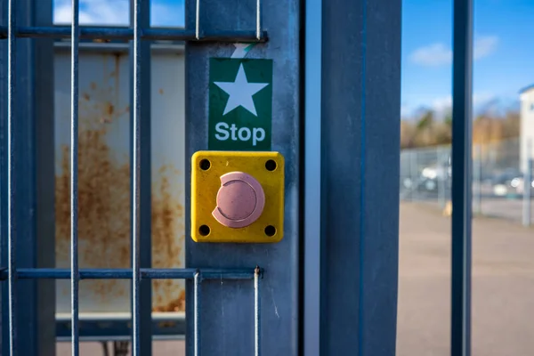 Gothenburg Sweden November 2022 Weathered Emergency Stop Button Metal Gate — Stok fotoğraf