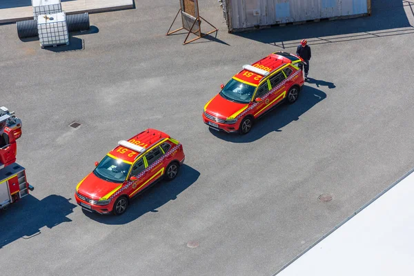 Goteborg Svezia Maggio 2022 Camion Dei Pompieri Riuniti Durante Esercitazione — Foto Stock