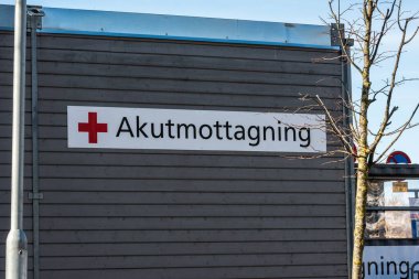 Gothenburg, Sweden - February 27 2022: Emergency room sign on the wall of a hospital.