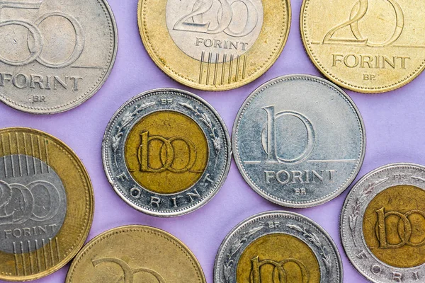 Surtido Monedas Forinto Húngaro Sobre Fondo Púrpura —  Fotos de Stock