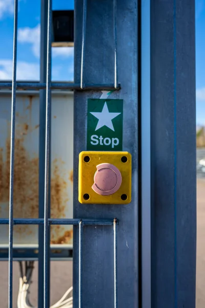Gothenburg Sweden November 2022 Weathered Emergency Stop Button Metal Gate —  Fotos de Stock