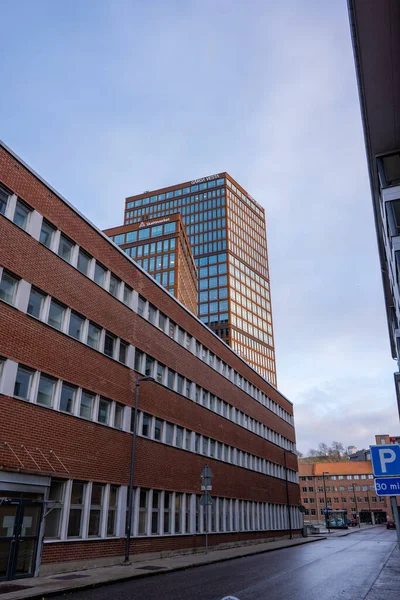 stock image Gothenburg, Sweden - november 13 2022: Looking up the Garda Vesta office high rise complex.