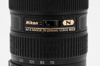 Gothenburg, Sweden - december 08 2022: Closeup of a Nikon AF-S 70-200mm f2.8G lens.