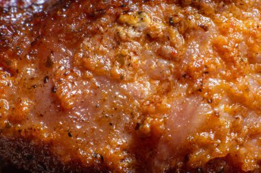 Macro detail of the crust of a grilled chicken filet.