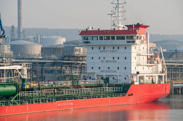 stock image Gothenburg, Sweden - April 22 2011: Oil tanker at port with clearly painted safety instructions.