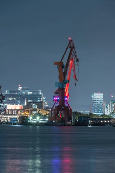 Göteborg Sveç Ekim 2022 Geceleyin Terk Edilmiş Uzun Iskele Vinci — Stok fotoğraf