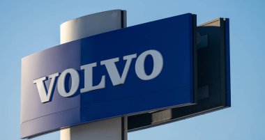 Gothenburg, Sweden - February 04 2023: Volvo logo on a tall pylon. clipart