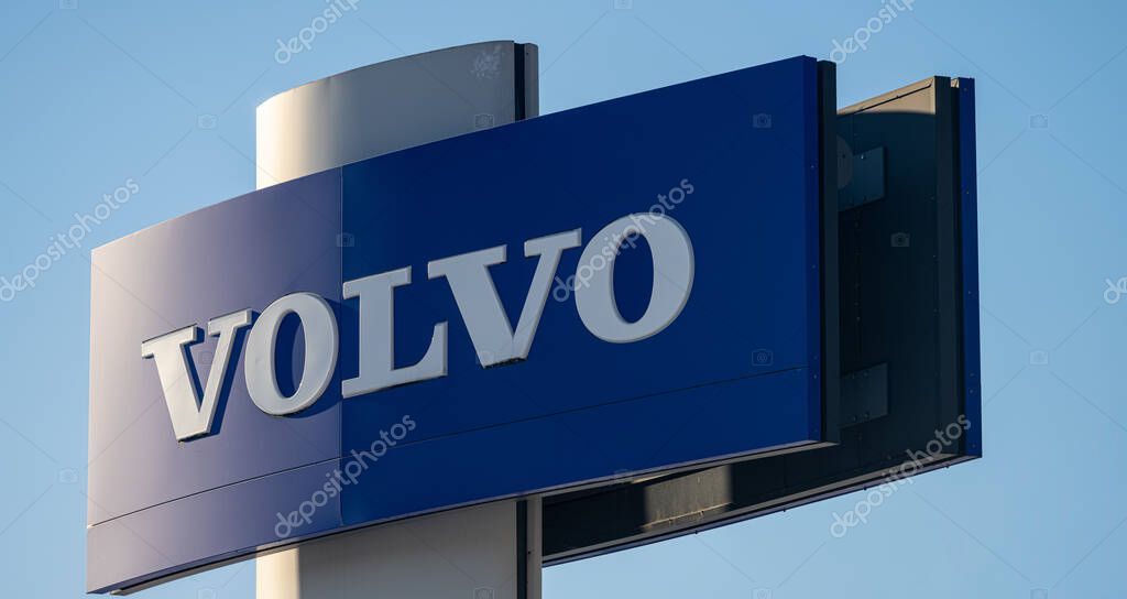 Gothenburg, Sweden - February 04 2023: Volvo logo on a tall pylon.