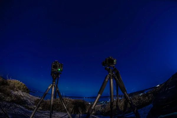 Gothenburg Sweden February 2023 Two Cameras Tripods Capturing Images Stars — Stock Photo, Image