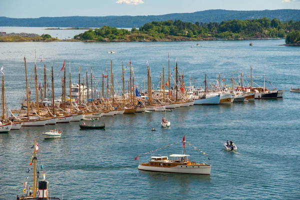 Oslo Noruega Julho 2014 Longa Fila Barcos Madeira Bjorvika — Fotografia de Stock